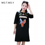 High Quality Autumn Thick T Shirt Dress Women Flower Animal Embroidery Cotton Casual Dresses Loose Half Sleeve T shirt Dress 096