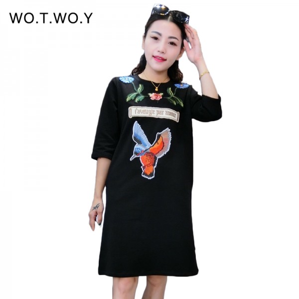 High Quality Autumn Thick T Shirt Dress Women Flower Animal Embroidery Cotton Casual Dresses Loose Half Sleeve T shirt Dress 096