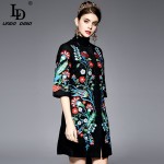 High Quality Autumn Winter Women Elegant 3/4 Sleeve Flower Floral Embroidery Cashmere Wool Coat Jacket Overcoat abrigos mujer