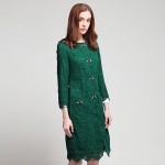 High Quality Fashion Green Lace Long Coat Three Quarter Sleeve Beading O_neck Slim European Knee Length Women Elegant Jacket