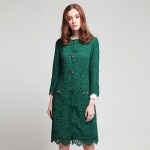 High Quality Fashion Green Lace Long Coat Three Quarter Sleeve Beading O_neck Slim European Knee Length Women Elegant Jacket