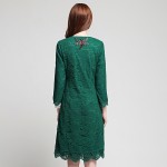 High Quality Fashion Green Lace Long Coat Three Quarter Sleeve Beading O_neck Slim European Knee Length Women Elegant Jacket