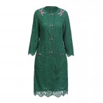 High Quality Fashion Green Lace Long Coat Three Quarter Sleeve Beading O_neck Slim European Knee Length Women Elegant Jacket