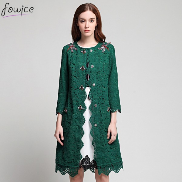 High Quality Fashion Green Lace Long Coat Three Quarter Sleeve Beading O_neck Slim European Knee Length Women Elegant Jacket