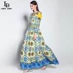 High Quality New 2015 Runway Designer Women Long Sleeve Casual Bohemian Floral Print Maxi Dress Boho Long Dress