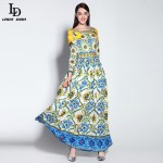 High Quality New 2015 Runway Designer Women Long Sleeve Casual Bohemian Floral Print Maxi Dress Boho Long Dress