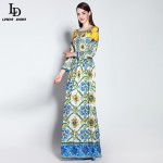 High Quality New 2015 Runway Designer Women Long Sleeve Casual Bohemian Floral Print Maxi Dress Boho Long Dress