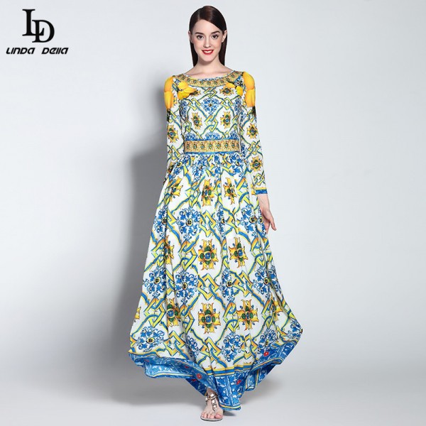 High Quality New 2015 Runway Designer Women Long Sleeve Casual Bohemian Floral Print Maxi Dress Boho Long Dress