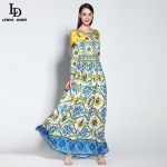 High Quality New 2015 Runway Designer Women Long Sleeve Casual Bohemian Floral Print Maxi Dress Boho Long Dress