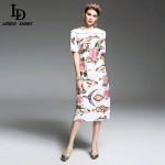 High Quality New 2017 Spring Summer Designer Runway Dress Women elegant Mid Calf Length Floral Embroidery Printed Pink Dress