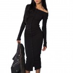 High Quality!! Women Charming Off The Shoulder Mid Calf Dress Long Sleeve Vogue Stylish Buttons Maxi Bodycon Sexy Club Dresses