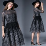 High-end Hollow Out Gauze Embroidery Dresses 2017 Vestidos Femininos Europe Vintage Slim Organza Pleated Women Lace Dress 72911