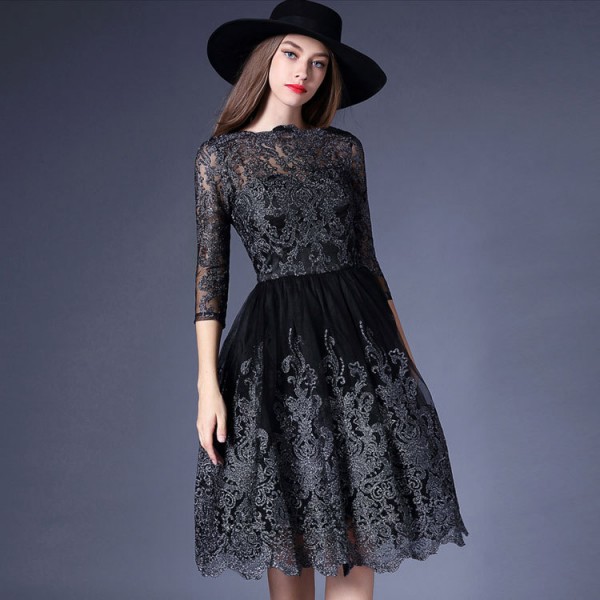 High-end Hollow Out Gauze Embroidery Dresses 2017 Vestidos Femininos Europe Vintage Slim Organza Pleated Women Lace Dress 72911