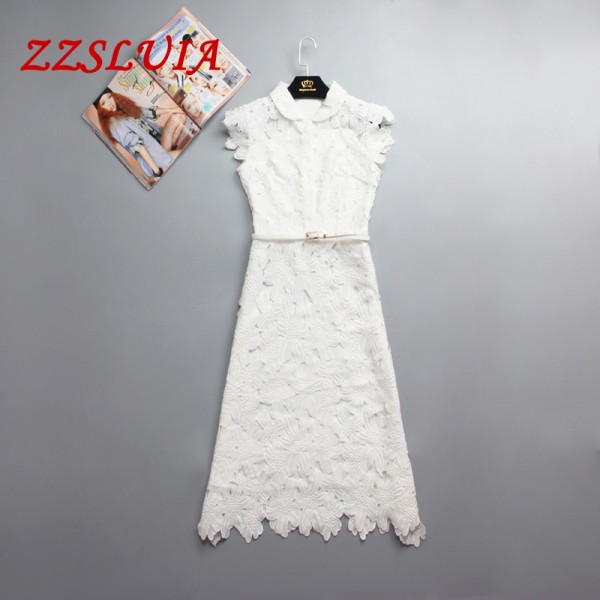 High quality 2018 new arrive fashion lady elegant short sleeve turn down collar embroidery A-line one piece dress