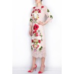 High quality New 2017 spring summer runway brand fashion women sexy lace dress floral rose embroidery elegant mid-calf dresses