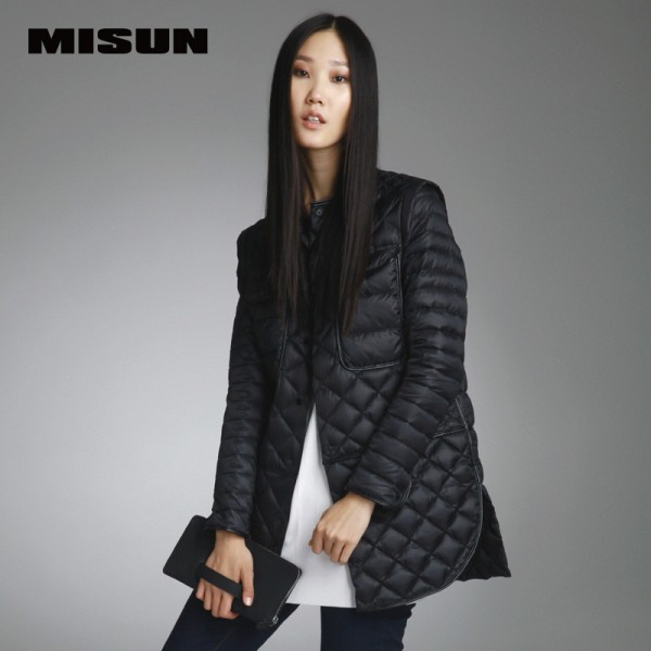 High quality misun 2017 autumn and winter medium-long PU patchwork thin down coat female shirt fashion  spring women's jackets