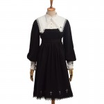 Holy Girls Black Lolita Dress Long Sleeve Cross Embroidery Detachable Lace Collar Costume