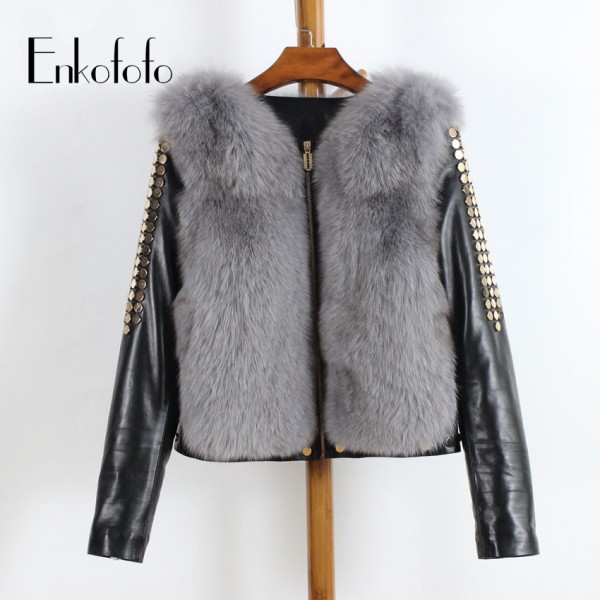 Hot ! Winter Real Fox Fur Coat Long Sleeve Patchwork Genuine Leather Jackets Women's Slim Rivet Gradient Jacket Coats Hot