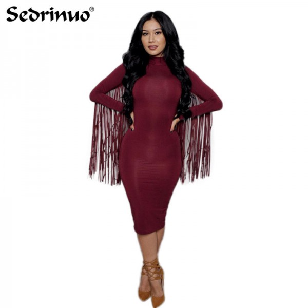 Hot Autumn Style Women Sexy Back Fringe Tassel Long Sleeve Fitted Slim Bodycon Dress Spring paragraph bandage party dress black