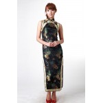 Hot Sale Black Chinese Women's Satin Polyester Long Cheongsam Qipao Dress Flower Size S M L XL XXL Free Shipping JY025-3