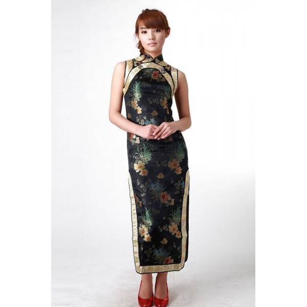 Hot Sale Black Chinese Women's Satin Polyester Long Cheongsam Qipao Dress Flower Size S M L XL XXL Free Shipping JY025-3