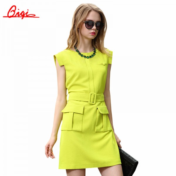 Hot Sale Casual Summer Dresses 2015 Fluorescent Yellow Pocket Slim Thin Ol Elegant Office Uniform Style Plus Size Chiffon Dress