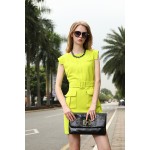 Hot Sale Casual Summer Dresses 2015 Fluorescent Yellow Pocket Slim Thin Ol Elegant Office Uniform Style Plus Size Chiffon Dress