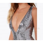 Hot Sale Lady V Neck Sleeveless Backless Slit Dresses Brand New Arrival Cheap Sequins Party Sliver Long Dress