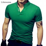 Hot Sale Men's V Neck T Shirt 2017 Summer Fashion Solid Short Sleeve T Shirt Men LAISO Print Collar Slim Fit Mens Top Tees Shirt