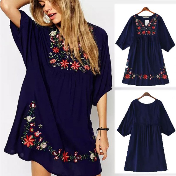 Hot Summer Women Retro Ethnic Style Flower Embroidery V-Neck 3/4 Sleeve Loose Pleated Mini Dress