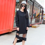 Hot sale  Spring New  European Women 2016  Mesh Splice irregular Lap Loose Long sleeve black dress for women free shipping 246B