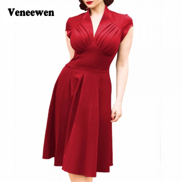 Hot sale summer new Vintage Retro Dress Hepburn style V-neck Vestidos dress Short sleeve big tutu dress