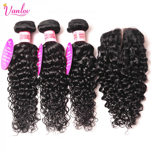 Human Hair Weave With Closure Water Wave With Closure Brazilian Hair Weave Bundle Water Wave Virgin Hair 3 Bundles With Closure 