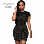 I80365 Comeonlover Summer Office Pencil Dress Ladies Short Sleeve Womens Dress Elegant Bandage Black Gold Studded Bodycon Dress