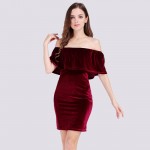 Idealark 2017 Velvet Bodycon Dress Ruffle Off The Shoulder Sexy club Women Short Sleeve solid color Mini Dress WC0595