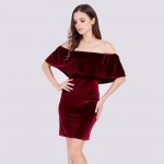 Idealark 2017 Velvet Bodycon Dress Ruffle Off The Shoulder Sexy club Women Short Sleeve solid color Mini Dress WC0595