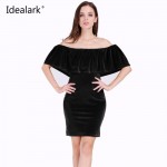 Idealark 2017 Velvet Bodycon Dress Ruffle Off The Shoulder Sexy club Women Short Sleeve solid color Mini Dress WC0595