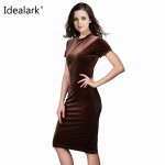 Idealark Women Brown Velvet Sheath Dresses Summer Ladies Round Neck Short Sleeve Knee Length Elegant Pencil Dress WC0593