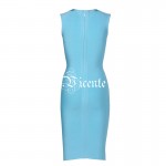 In Stock 2016 Hot Free Shipping! Elegant Deep Vneck Bright Blue & White Splitting Midi Length Celebrity Party Bandage Dress