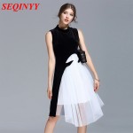 Irregular Fashion Dress Female Spring Summer 2017 Sleeveless Tank Black Patchwork White Pleated Mesh High End Knee-Length Dress