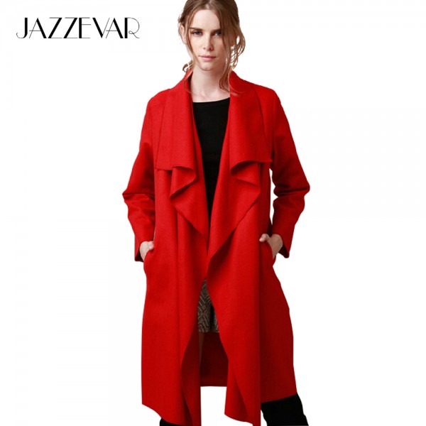 JAZZEVAR 2016 New autumn high fashion trend street women's wool blend Trench Coat Casual long Outerwear loose clothing for lady