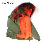 JAZZEVAR high fashion street women's army green winter jacket female warm bomber coat hooded large raccoon fur outerwear