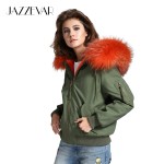 JAZZEVAR high fashion street women's army green winter jacket female warm bomber coat hooded large raccoon fur outerwear