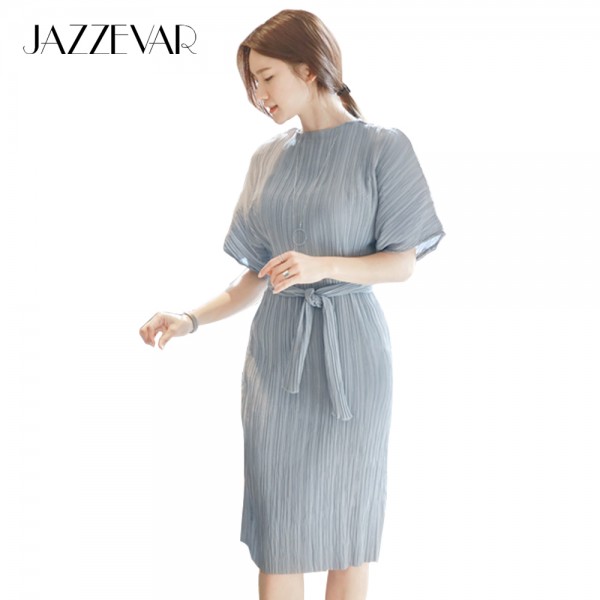 JAZZEVAR summer fashion Edgy casual dress women's pleated Midi dresses avantgarde Pleat Batwing short sleeves brief One Piece