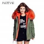 JAZZEVAR woman army green Large raccoon fur collar hooded coat parkas outwear 2 in 1 detachable lining winter jacket brand style