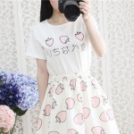 Japanese Delicious Egg Strawberry Printed Kawaii T-shirt Peplum Tops Short-sleeve Cotton T-shirt Woman Clothes Tops Tee