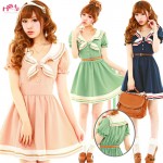 Japanese Fashion Vivi Preppy Princess Dress Harajuku Sailor Collar Navy Lolita Dress Pleated Bow Cotton Dress Pink For Ladies