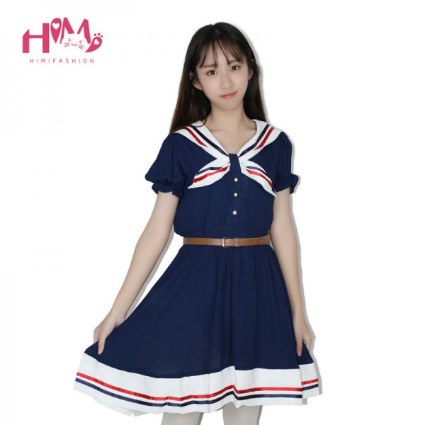 Japanese Fashion Vivi Preppy Princess Dress Harajuku Sailor Collar Navy Lolita Dress Pleated Bow Cotton Dress Pink For Ladies