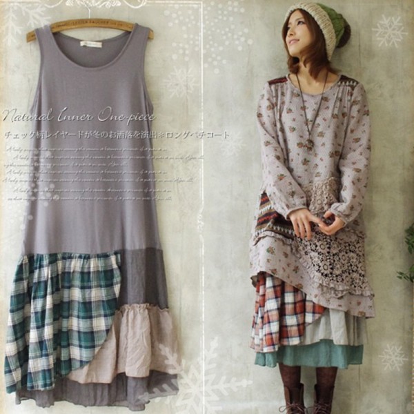 Japanese Women Sweet Patchwork Vintage Plaid Loose Basic Hoho Cute Kawaii Festa Longo Vestido Female Tank Dress Mori Girl U129