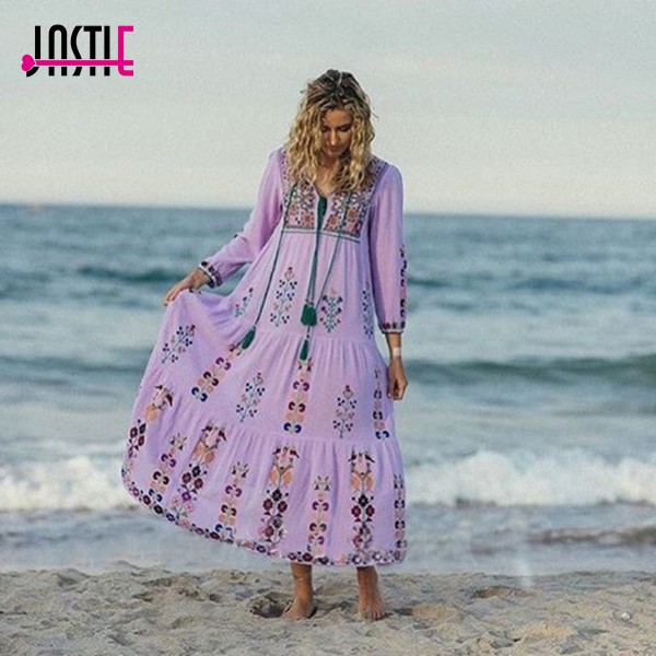 Jastie Floral Embroidered Maxi Dress Tassel V-Neck Long Sleeve Summer Dress Vintage Boho Chic Beach Style Dresses Vestidos 2017